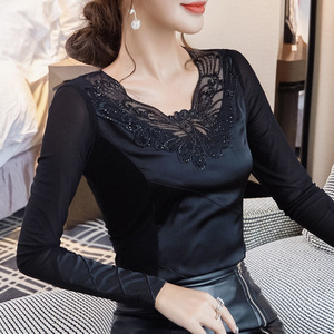 v领修身打底衫女长袖蕾丝