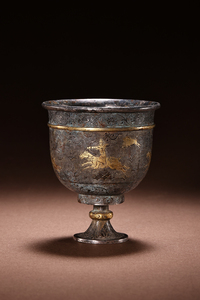 明代老金器老银器古董金银器古玩收藏摆件满工錾刻狩猎纹银酒杯