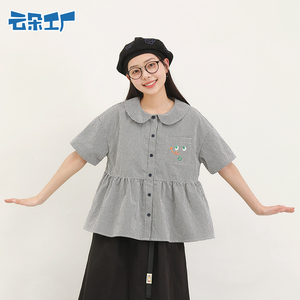 云朵工厂种子表情格子短袖衬衫夏季女显瘦收腰t恤可爱娃娃领学生