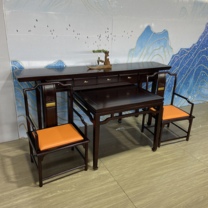 新中式中堂六件套别墅客厅实木翘头条案供桌八仙桌黑檀木家具定做