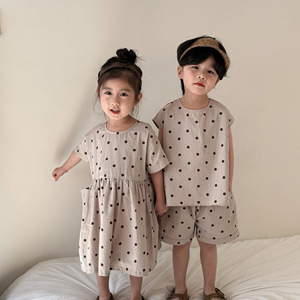 韩国夏款儿童波点短袖短裤套装女童纯棉圆点连衣裙宝宝姐弟兄妹装