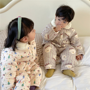 儿童三层夹棉卡通家居服韩版冬款男女童加绒加厚睡衣宝宝保暖套装