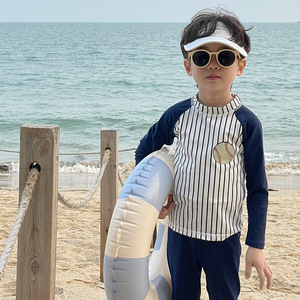 新款儿童可爱泳装男宝宝韩版棒球条纹长袖长裤速干夏季沙滩游泳衣