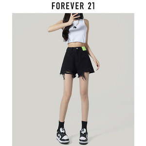 Forever 21黑色破洞牛仔短裤女夏季2024年新款高腰a字毛边热裤子