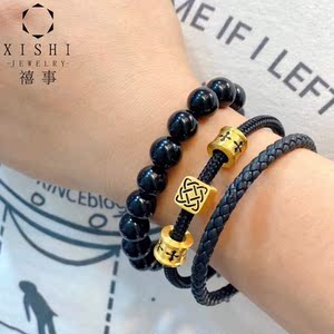 黄金酷黑刺青守护转运珠手链999足金信念手绳串珠硬金路路通男款