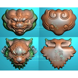 精雕图仿古兽头挂件双面玉雕图椭圆深雕老虎头兽面机雕图扫描图