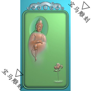 玉雕图电脑雕刻精雕图玉牌子侧脸站观音荷花仿古龙牌头框正背面