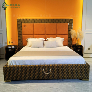 意式轻奢真皮床 现代简约主卧双人床别墅爱马仕橙色1.8米实木婚床