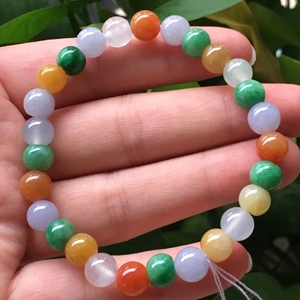 缅甸天然a货翡翠玉手链冰种五彩艳丽俏色圆珠子手串女款珠链手饰