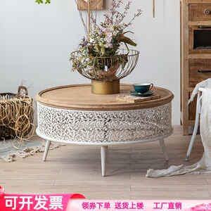 镂空雕花茶几客厅家用复古圆形桌子实木边几美式小圆桌网红设计师