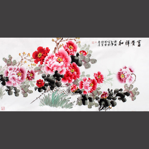 0--国画牡丹国色天香真迹名家手绘四尺横幅富贵祥和sc-sf33003