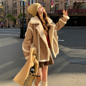 皮毛一体羊羔毛大衣女冬季2024新款韩版小个子加厚皮衣麂皮绒外套