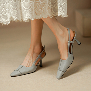 雨丝家~法式包头凉鞋女时尚一字带真皮单鞋灰色高跟鞋方头小皮鞋