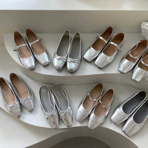 好多气质银色单鞋可以选~24年春秋新款平底一脚蹬方头蝴蝶结浅口