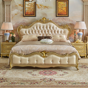 欧式真皮床法式实木雕花奢华双人婚床主卧室公主大床成套家具 K45