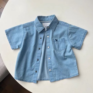 韩国童装 23夏新款蓝狗洋气薄款软牛仔儿童上衣 百搭水洗短袖衬衫