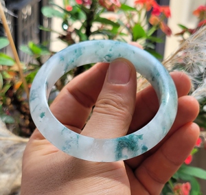 好品相 推荐 缅甸天然水沫玉手镯~冰种蓝花雪花棉圈口60 015号