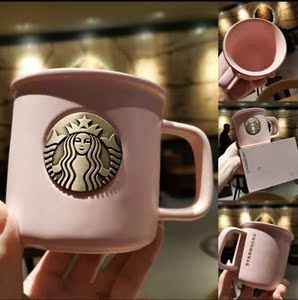 星巴克粉色珐琅铜章陶瓷水杯大容量咖啡杯牛奶杯杯子马克杯