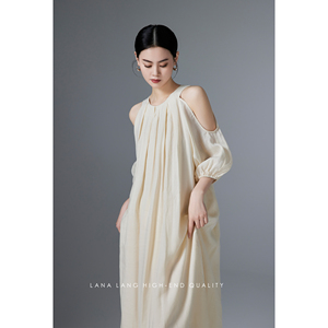 Lana Lang米色连衣裙女2024夏季新款法式纯色设计感连身裙长裙子