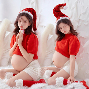 2129秋冬新款影楼孕妇拍照摄影写真主题服装小清新圣诞红毛衣出租