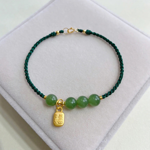 和田碧玉串珠手串小众轻奢镀金珠珠福牌手链纯手工编绳秋冬款手绳