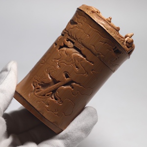 山宁竹舍 非遗传人名家刘向荣精品竹雕 玉竹茶叶罐大闹天宫