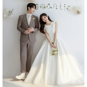 韩式简约轻婚纱新娘白色超仙森系齐地出门纱气质迎宾旅拍缎面礼服
