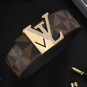 bily&lv腰带男真皮平滑扣正品高档印花格纹皮带男士奢华品牌板扣