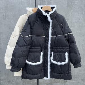 mef美人坊56307h中长款水貂毛白鸭绒羽绒服女2021冬韩版收腰外套