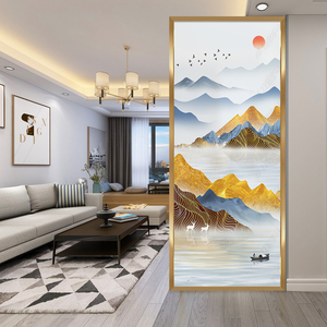 定做艺术玻璃山水画屏风入户客厅钢化工艺隔断迎客松高山流水背景