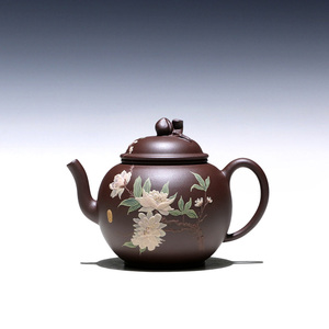 【畅陶】宜兴原矿紫砂壶饶青全手工泡茶壶紫泥泥绘牡丹灵桃200cc