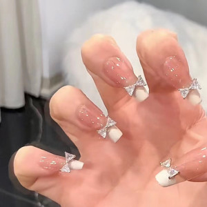 网红穿戴美甲成品贴片水晶蝴蝶结水钻假指甲贴片可拆卸新娘孕妇甲