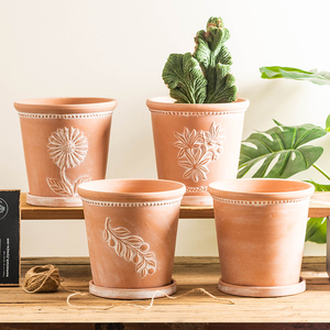 简约复古帝罗马花盆粗陶桌面绿植花卉阳台田园花盆花器透气带托盘