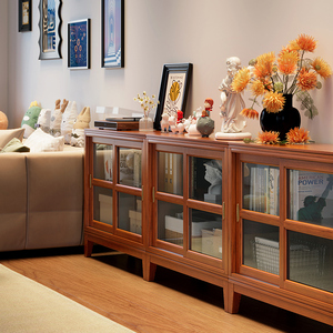 矮书柜落地客厅家用日式矮柜储物柜一体美式带玻璃推拉门实木书架