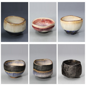 丹波烧青年陶艺家仲冈信人佳作蓝色窑变彩色灰釉金彩赤色日式茶杯