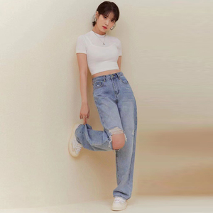 2022夏季新款衣服明星iu李知恩同款白色短款上衣破洞牛仔裤