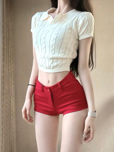 美式红色丰胯短裤女夏季新款甜辣妹弹力紧身包臀裤超短低腰热裤子