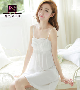 韩版吊带睡裙白色棉一字领性感抹胸甜美公主短裙薄款睡衣纱布可爱