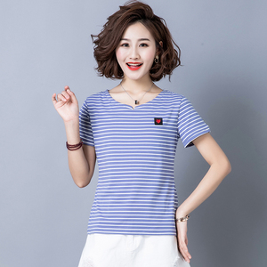 蓝白条纹t恤女2019新款夏天宽松时尚丅恤式女士短袖纯棉半袖上衣