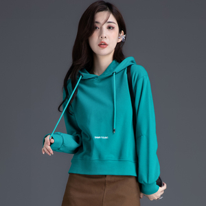 2023新款连帽卫衣女春秋款小个子女装上衣蓝绿色短款外套加绒带帽