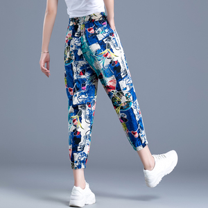 花裤子女夏季薄款雪纺冰丝七分裤女2022新款休闲八分运动裤女宽松