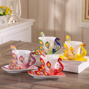 孔雀杯子3D个性陶瓷创意骨瓷咖啡杯碟勺情人节对杯子欧式茶杯套装