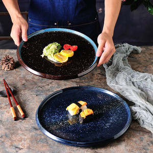 牛排盘子圆盘家用创意黑色牛扒盘商用日式西餐盘点心平盘早餐盘子