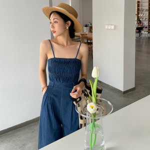 夏季高腰显瘦休闲牛仔吊带连体裤女2021港味宽松阔腿裤连体套装女