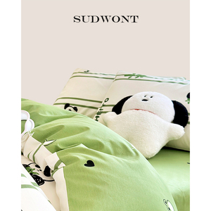 SUDWONT轻奢家纺2024新款纯棉全棉印花绿色熊猫卡通风被单四件套