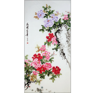 国画写意花鸟真迹作品 石头牡丹  花开富贵 竖幅四尺68cm*138cm