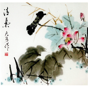 国画写意花鸟作品真迹纯手绘写意荷花清气三尺斗方50cm*50cm