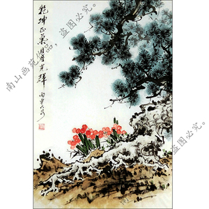 国画写意花鸟真迹松树万年青乾坤正气日月光辉四尺三开45cm*68cm