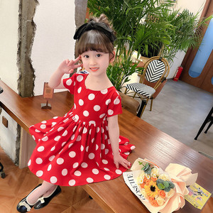 女童夏季连衣裙韩版女宝宝甜美圆领红色波点短袖蝴蝶结裙子洋气
