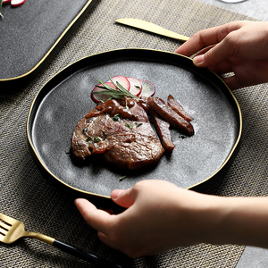 2个装高档西餐盘刀叉套牛排盘黑色磨砂牛排餐盘西式家用牛排盘子